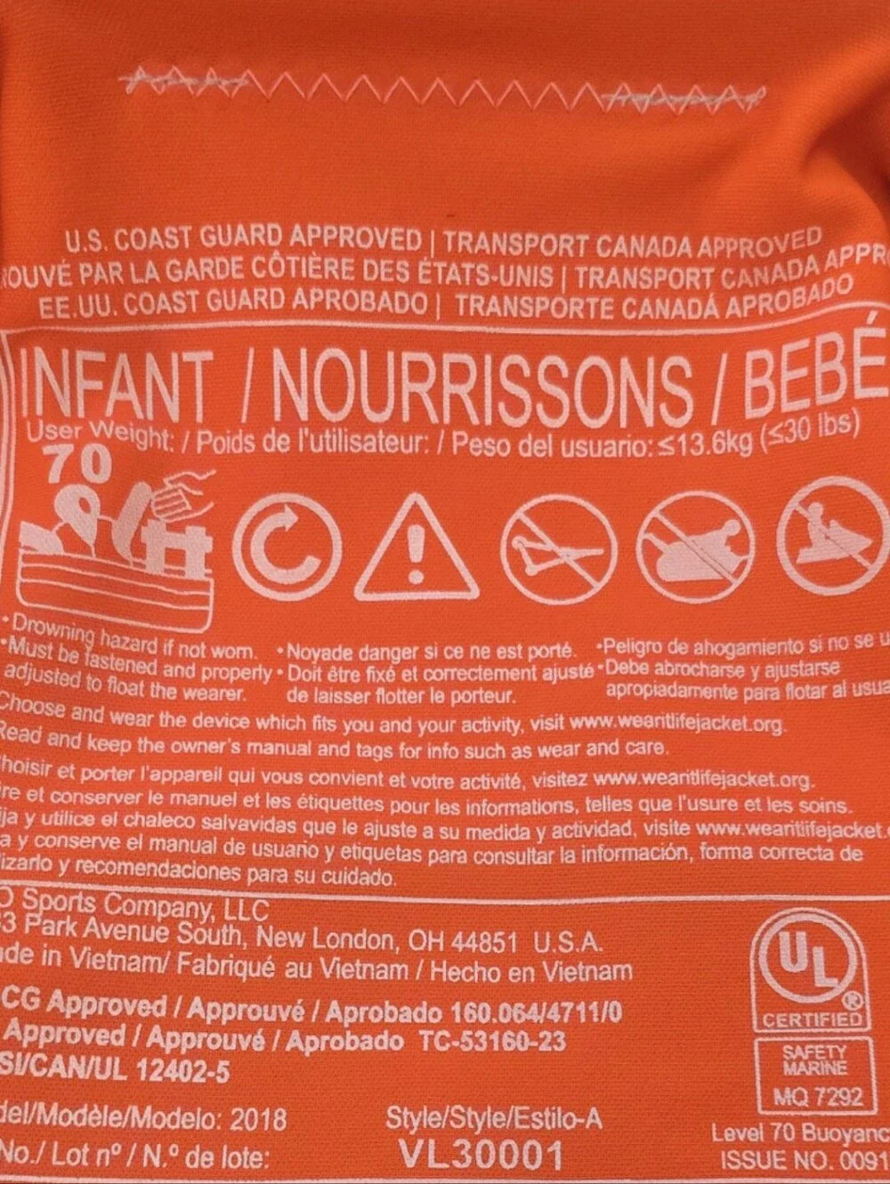 Hyperlite Wake Co. Infant Life Jacket Orange Blue Pool Beach Lake Outdoor